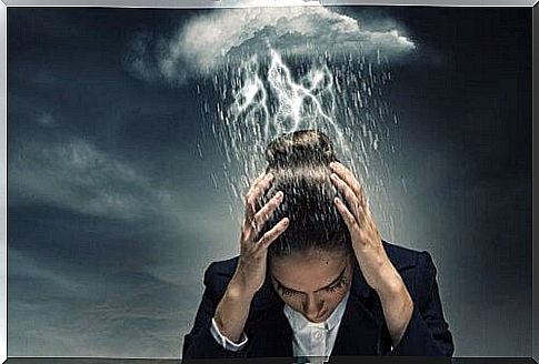 Rain cloud over a woman's head