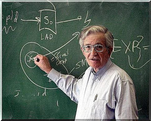 Noam chomsky in front of a blackboard