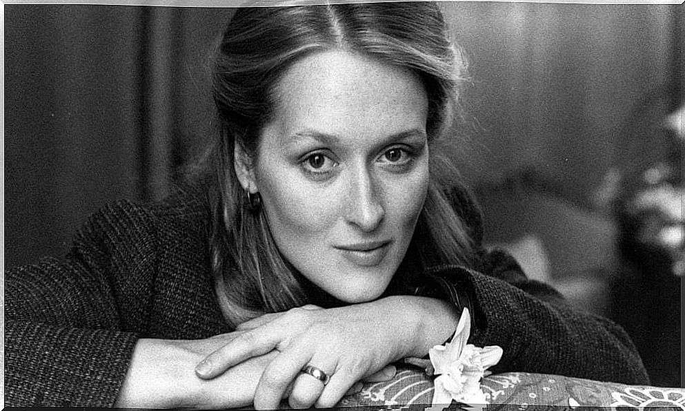 Black and white photo of Meryl Streep