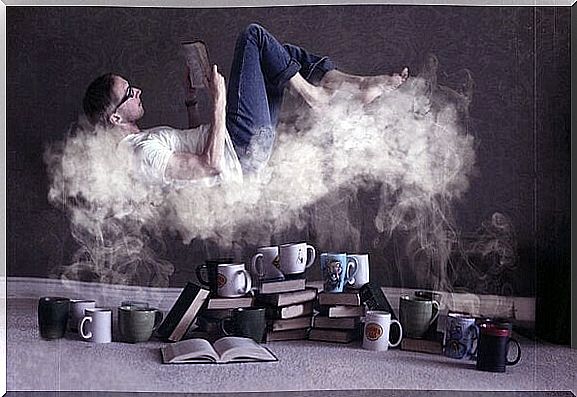 Man reading on a thin cloud