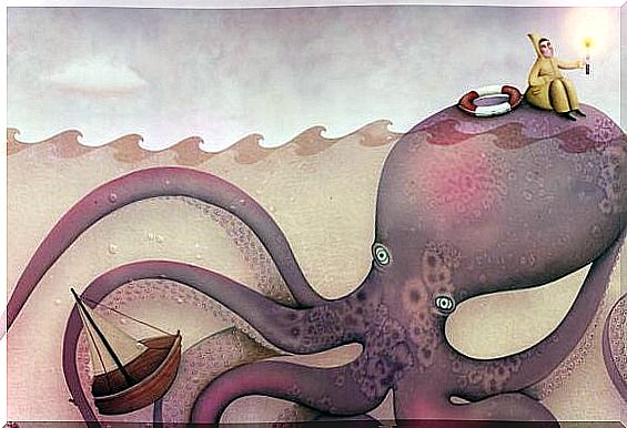 Man Sitting On An Octopus With A Lantern In His Hands Looking For All The Good