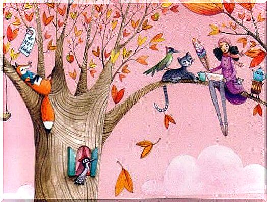 Girl Sitting With All Kinds Of Animals In A Tree During Autumn To Discover All The Good That Life Has To Offer